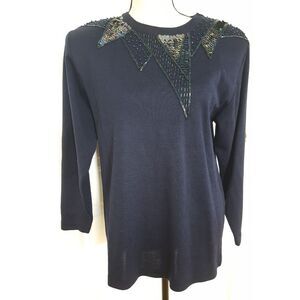 Vintage Liz Claiborne Knitwear Sweater Navy Blue Sequin Pullover Geometric 90s S